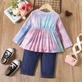 2pcs Toddler Girl Trendy Cotton Ripped Denim Jeans and Tie Dyed Tee Set Multi-color image 2