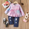 2pcs Toddler Girl Trendy Cotton Ripped Denim Jeans and Tie Dyed Tee Set Multi-color image 1