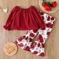 2pcs Toddler Girl Long-sleeve Red Cotton Tee and Floral Print Flared Pants Set Red image 2