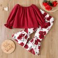 2pcs Toddler Girl Long-sleeve Red Cotton Tee and Floral Print Flared Pants Set Red image 1