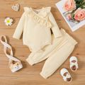 2pcs Baby Girl Solid Ribbed Ruffle Trim Long-sleeve Romper and Pants Set LightApricot image 1