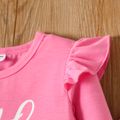 2pcs Toddler Girl Ruffled Letter Print Long-sleeve Tee and Floral Flamingo Print Flared Pants Set Pink image 4