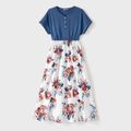 Family Matching Cotton Short-sleeve Floral Print Spliced Dresses and Striped Colorblock T-shirts Sets Blue grey image 2