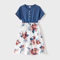 Family Matching Cotton Short-sleeve Floral Print Spliced Dresses and Striped Colorblock T-shirts Sets Blue grey image 3