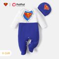 Superman 2pcs Baby Boy Graphic Print Long-sleeve Spliced Jumpsuit with Hat Set Navy image 1