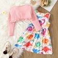 2pcs Toddler Girl Dinosaur Print Sleeveless Dress and Ruffled Cardigan Set Pink image 2
