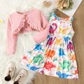 2pcs Toddler Girl Dinosaur Print Sleeveless Dress and Ruffled Cardigan Set Pink image 1