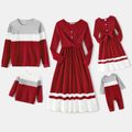 Family Matching Burgundy Ribbed Crisscross Pleated Midi Dresses and Long-sleeve Colorblock Tops Sets Burgundy image 1