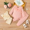 2pcs Baby Girl Solid Ribbed Ruffle Trim Long-sleeve Romper and Pants Set LightApricot image 2