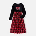 Valentine's Day Mommy and Me Cotton Long-sleeve Spliced Heart Print Red Plaid Belted Dresses redblack image 2
