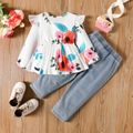 2pcs Toddler Girl Trendy Ripped Denim Jeans and Floral Print Tee Set White image 2