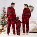 Christmas Family Matching Red Plaid Hooded Long-sleeve Thickened Polar Fleece Zipper Onesies Pajamas (Flame Resistant) redblack image 3