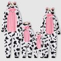 Family Matching Allover Cow Print 3D Ears Hooded Long-sleeve Zipper Onesies Pajamas (Flame Resistant) BlackandWhite image 1