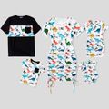 Family Matching Allover Dinosaur & Letter Print Drawstring Ruched Bodycon Dresses and Short-sleeve T-shirts Sets BlackandWhite image 1