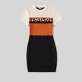 Family Matching Waffle Textured Leopard Print Colorblock Bodycon Dresses and Short-sleeve T-shirts Sets Khaki image 2