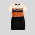 Family Matching Waffle Textured Leopard Print Colorblock Bodycon Dresses and Short-sleeve T-shirts Sets Khaki image 4