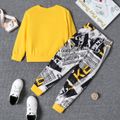 2pcs Kid Boy Letter Print Long-sleeve Tee Allover Print Pocket Design Elasticized Pants Set Yellow image 2