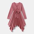 Family Matching Solid V Neck Belted Asymmetric Hem Dresses and Long-sleeve Colorblock Polo Shirts Sets pinkpurple image 2