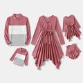 Family Matching Solid V Neck Belted Asymmetric Hem Dresses and Long-sleeve Colorblock Polo Shirts Sets pinkpurple image 1