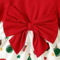 Christmas Baby Girl Bow Front Solid Long-sleeve Spliced Print Dress Red-2 image 5