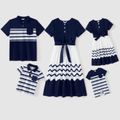 Family Matching Cotton Short-sleeve Spliced Chevron Pattern Dresses and Striped Polo Shirts Sets blueblack image 1