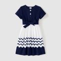 Family Matching Cotton Short-sleeve Spliced Chevron Pattern Dresses and Striped Polo Shirts Sets blueblack image 4