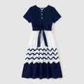 Family Matching Cotton Short-sleeve Spliced Chevron Pattern Dresses and Striped Polo Shirts Sets blueblack image 2