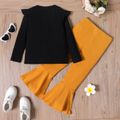 2pcs Kid Girl Ruffled Ribbed Black Cotton Tee and Flared Pants Set Black image 5