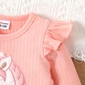 2pcs Baby Girl Unicorn Embroidered Pink Ribbed Ruffle Long-sleeve Top and Bow Front Allover Heart Print Pants Set PinkyWhite image 3