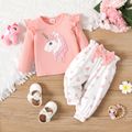 2pcs Baby Girl Unicorn Embroidered Pink Ribbed Ruffle Long-sleeve Top and Bow Front Allover Heart Print Pants Set PinkyWhite image 1
