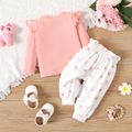 2pcs Baby Girl Unicorn Embroidered Pink Ribbed Ruffle Long-sleeve Top and Bow Front Allover Heart Print Pants Set PinkyWhite image 2
