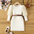 Toddler Girl Textured Ribbed Long Puff-sleeve Dress (Belt is not included) Apricot image 1