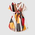 Family Matching 95% Cotton T-shirts and Allover Geo Print V Neck Short-sleeve Belted Dresses Sets Colorful image 5