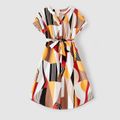Family Matching 95% Cotton T-shirts and Allover Geo Print V Neck Short-sleeve Belted Dresses Sets Colorful image 2
