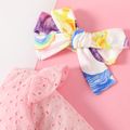 2pcs Baby Girl Ruffle Long-sleeve Eyelet Embroidered Spliced Dinosaur Print Jumpsuit with Headband Set Pink image 3