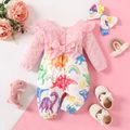 2pcs Baby Girl Ruffle Long-sleeve Eyelet Embroidered Spliced Dinosaur Print Jumpsuit with Headband Set Pink image 1
