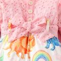 2pcs Baby Girl Ruffle Long-sleeve Eyelet Embroidered Spliced Dinosaur Print Jumpsuit with Headband Set Pink image 5