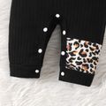 3pcs Baby Girl Letter Print Black Long-sleeve Jumpsuit and Leopard Print Hat with Headband Set Black image 3