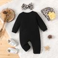 3pcs Baby Girl Letter Print Black Long-sleeve Jumpsuit and Leopard Print Hat with Headband Set Black image 2