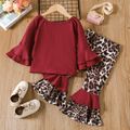 2pcs Toddler Girl Sweet Bell sleeves Cotton Tee and Leopard Print Flared Pants Set Burgundy image 1