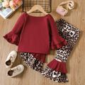 2pcs Toddler Girl Sweet Bell sleeves Cotton Tee and Leopard Print Flared Pants Set Burgundy image 2