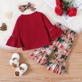 3pcs Baby Girl 95% Cotton Bell-sleeve Letter Print Tee and Allover Rose Floral Print Flared Pants with Headband Set Burgundy image 2