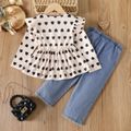 2pcs Toddler Girl Sweet Ripped Denim Jeans and Heart Print Tee Set Apricot image 2