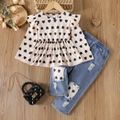 2pcs Toddler Girl Sweet Ripped Denim Jeans and Heart Print Tee Set Apricot image 1