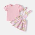 Care Bears 2pcs Baby Girl 95% Cotton Puff-sleeve Tee and Allover Star Print Suspender Skirt Set Pink image 2