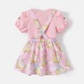 Care Bears 2pcs Baby Girl 95% Cotton Puff-sleeve Tee and Allover Star Print Suspender Skirt Set Pink image 4