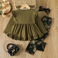 3pcs Toddler Girl Classic Ruffled High Low Tee & Camouflage Print Leggings and Headband Set Army green image 2