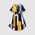 Family Matching 95% Cotton Colorblock T-shirts and Allover Geo Print Notched Neck Short-sleeve Belted Dresses Sets ColorBlock image 5
