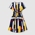 Family Matching 95% Cotton Colorblock T-shirts and Allover Geo Print Notched Neck Short-sleeve Belted Dresses Sets ColorBlock image 2