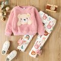 2pcs Toddler Girl Playful Bear Embroidered Polar Fleece Sweatshirt and Bows Design Leggings Set Pink image 1
